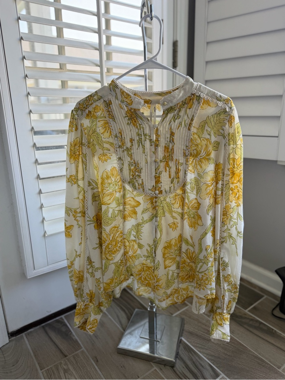 Peasant pintuck Anthropologie longsleeve yellow floral cottagecore buttondown XL - Picture 2 of 9